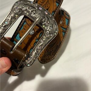 Embellished Western Leather Belt with Turquoise Inlay